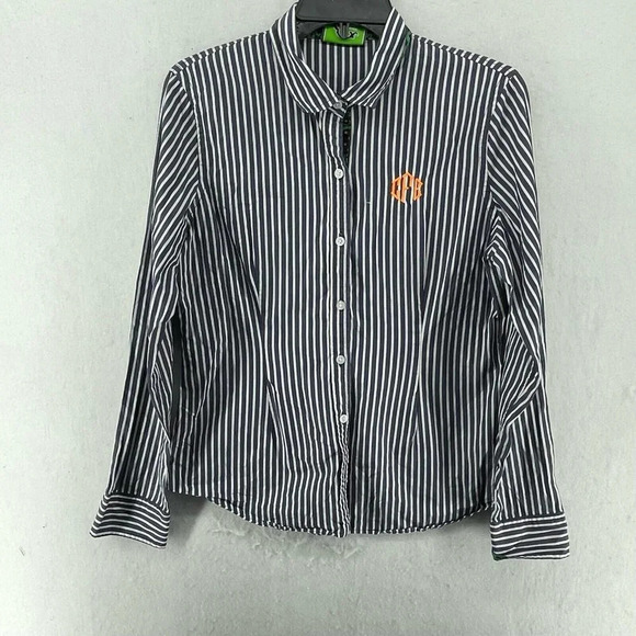 C. Wonder Button-Up Shirt Women's Sz M Blue Striped Collared Fitted Embroidered - Picture 1 of 12